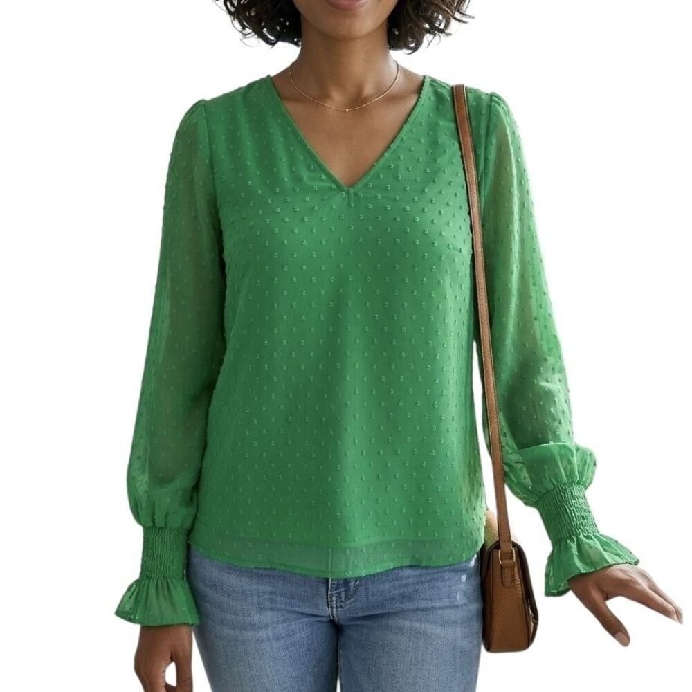1. STATE Blouse Women's Large Green Swiss Dot Balloon Sleeve Professional Office